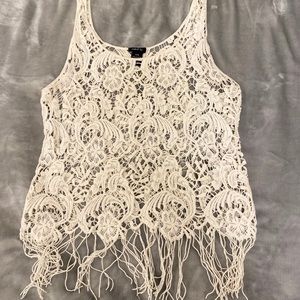 Cream color floral print tank with fringe